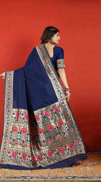 Exuberant Navy Blue Paithani Silk Saree With Prodigal Blouse Piece
