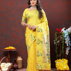 Sumptuous Lemon Paithani Silk Saree With Glamorous Blouse Piece