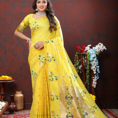 Sumptuous Lemon Paithani Silk Saree With Glamorous Blouse Piece
