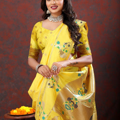 Sumptuous Lemon Paithani Silk Saree With Glamorous Blouse Piece
