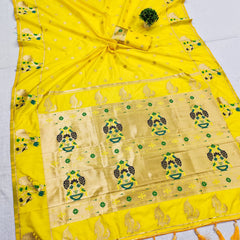 Sumptuous Lemon Paithani Silk Saree With Glamorous Blouse Piece