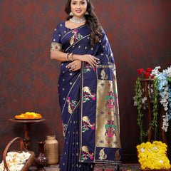 Elaborate Navy Blue Paithani Silk Saree With Quixotic Blouse Piece