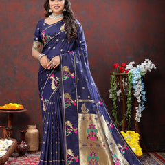 Elaborate Navy Blue Paithani Silk Saree With Quixotic Blouse Piece