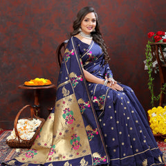 Elaborate Navy Blue Paithani Silk Saree With Quixotic Blouse Piece