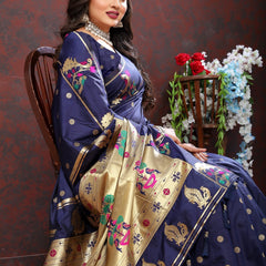 Elaborate Navy Blue Paithani Silk Saree With Quixotic Blouse Piece