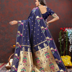 Elaborate Navy Blue Paithani Silk Saree With Quixotic Blouse Piece