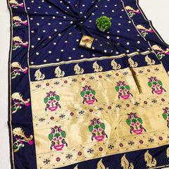 Elaborate Navy Blue Paithani Silk Saree With Quixotic Blouse Piece