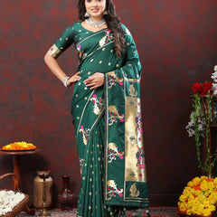Luxuriant Rama Paithani Silk Saree With Opulent Blouse Piece