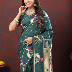 Luxuriant Rama Paithani Silk Saree With Opulent Blouse Piece