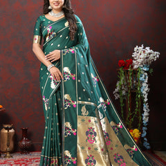 Luxuriant Rama Paithani Silk Saree With Opulent Blouse Piece