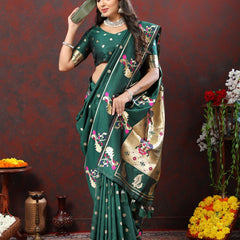 Luxuriant Rama Paithani Silk Saree With Opulent Blouse Piece