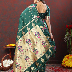 Luxuriant Rama Paithani Silk Saree With Opulent Blouse Piece