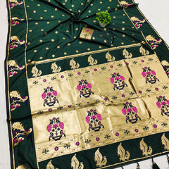 Luxuriant Rama Paithani Silk Saree With Opulent Blouse Piece