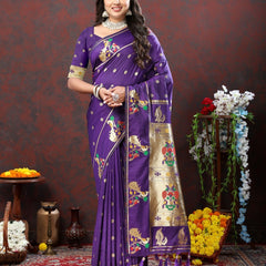 Charismatic Violet Paithani Silk Saree With Splendorous Blouse Piece