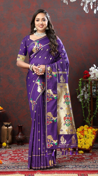 Charismatic Violet Paithani Silk Saree With Splendorous Blouse Piece