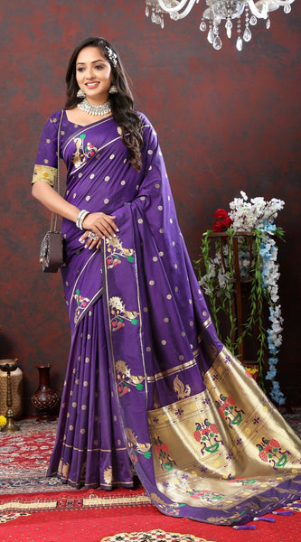 Charismatic Violet Paithani Silk Saree With Splendorous Blouse Piece