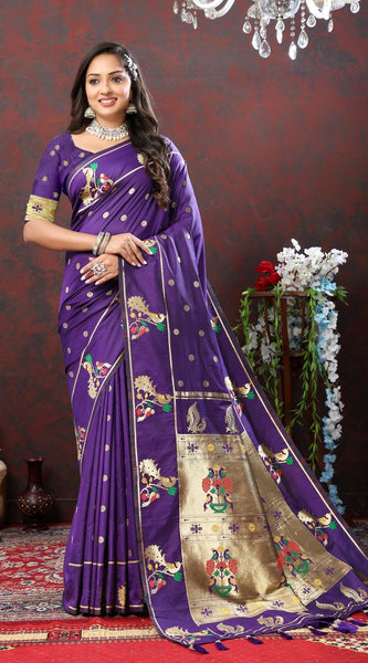 Charismatic Violet Paithani Silk Saree With Splendorous Blouse Piece