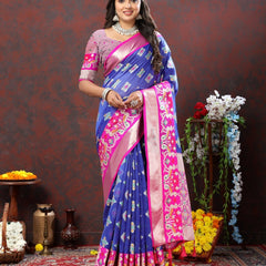 Engaging Blue Organza Silk Saree With Imaginative Blouse Piece