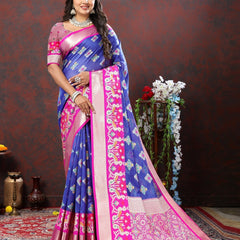 Engaging Blue Organza Silk Saree With Imaginative Blouse Piece