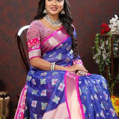 Engaging Blue Organza Silk Saree With Imaginative Blouse Piece