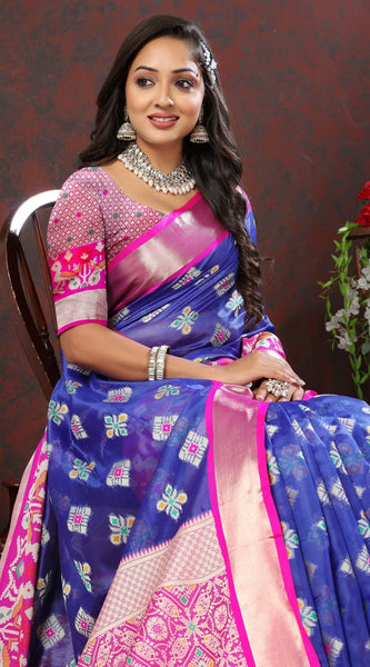 Engaging Blue Organza Silk Saree With Imaginative Blouse Piece