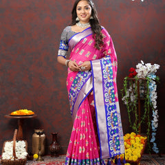 Splendiferous Dark Pink Organza Silk Saree With Fragrant Blouse Piece