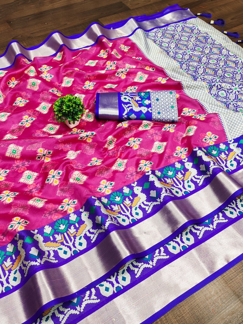 Splendiferous Dark Pink Organza Silk Saree With Fragrant Blouse Piece