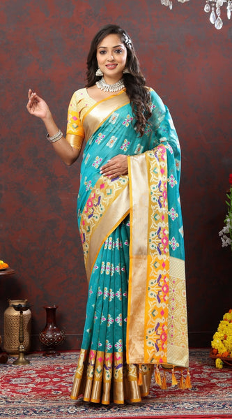 Engaging Firozi Organza Silk Saree With Tempting Blouse Piece