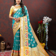 Engaging Firozi Organza Silk Saree With Tempting Blouse Piece