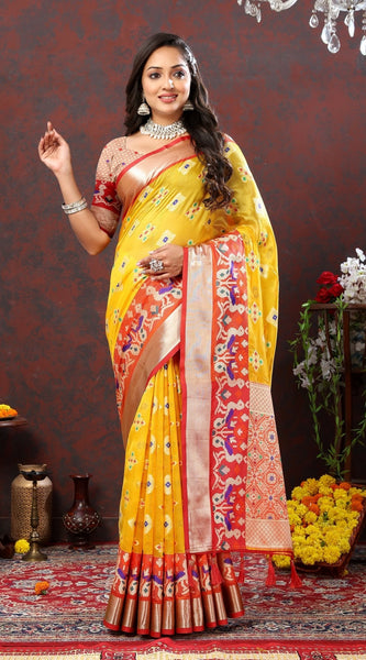 Incredible Yellow Organza Silk Saree With Exuberant Blouse Piece