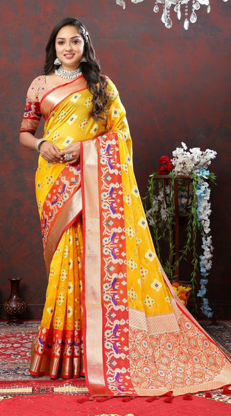 Incredible Yellow Organza Silk Saree With Exuberant Blouse Piece