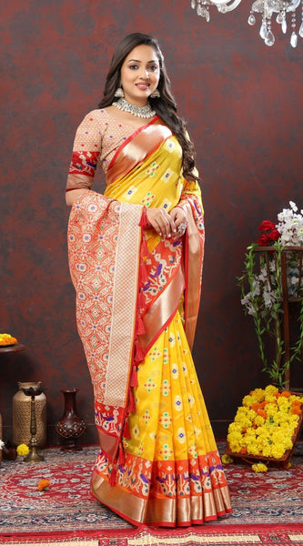 Incredible Yellow Organza Silk Saree With Exuberant Blouse Piece