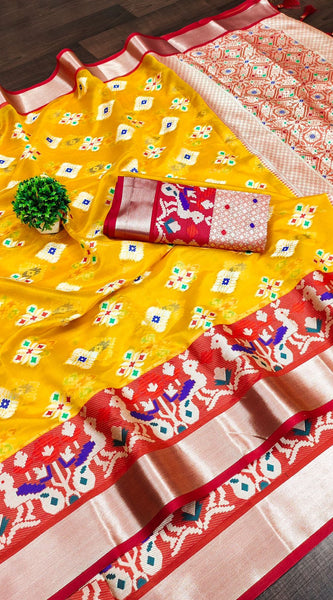 Incredible Yellow Organza Silk Saree With Exuberant Blouse Piece