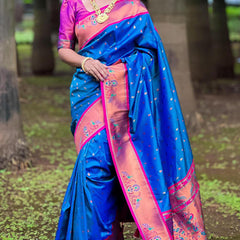 Marvellous Blue Paithani Silk Saree With Extraordinary Blouse Piece