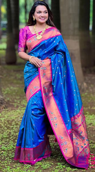 Marvellous Blue Paithani Silk Saree With Extraordinary Blouse Piece