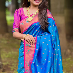 Marvellous Blue Paithani Silk Saree With Extraordinary Blouse Piece