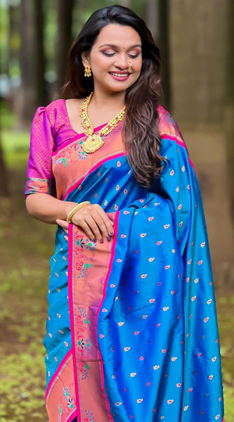 Marvellous Blue Paithani Silk Saree With Extraordinary Blouse Piece