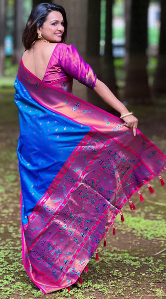 Marvellous Blue Paithani Silk Saree With Extraordinary Blouse Piece