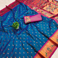 Marvellous Blue Paithani Silk Saree With Extraordinary Blouse Piece