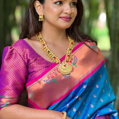 Marvellous Blue Paithani Silk Saree With Extraordinary Blouse Piece