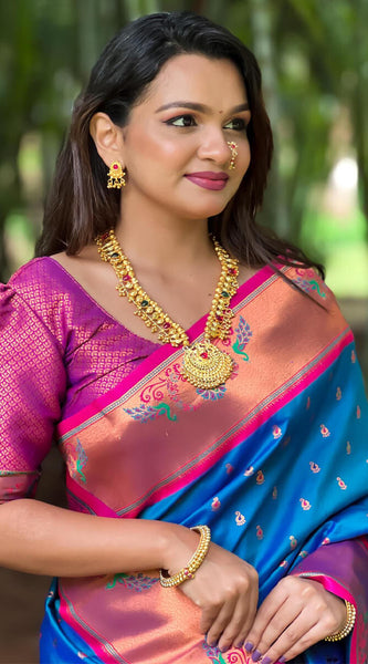 Marvellous Blue Paithani Silk Saree With Extraordinary Blouse Piece