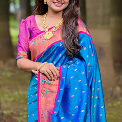 Marvellous Blue Paithani Silk Saree With Extraordinary Blouse Piece