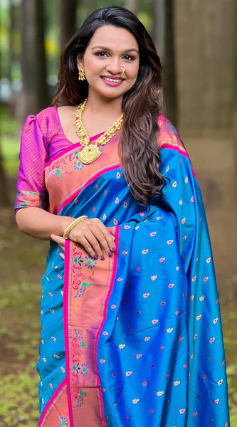 Marvellous Blue Paithani Silk Saree With Extraordinary Blouse Piece