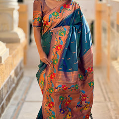 Lassitude Rama Paithani Silk Saree With Nemesis Blouse Piece