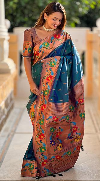 Lassitude Rama Paithani Silk Saree With Nemesis Blouse Piece