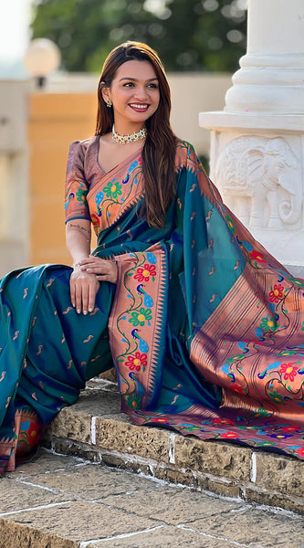 Lassitude Rama Paithani Silk Saree With Nemesis Blouse Piece