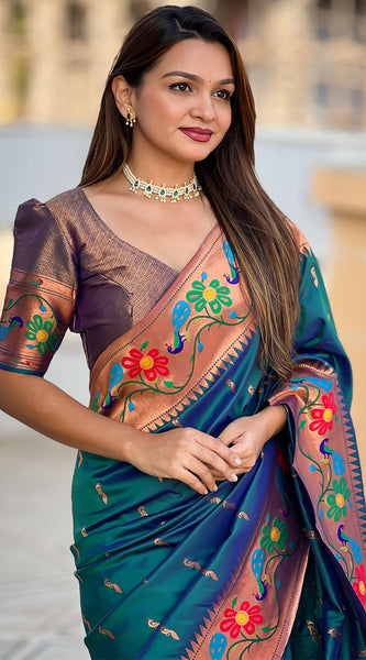Lassitude Rama Paithani Silk Saree With Nemesis Blouse Piece