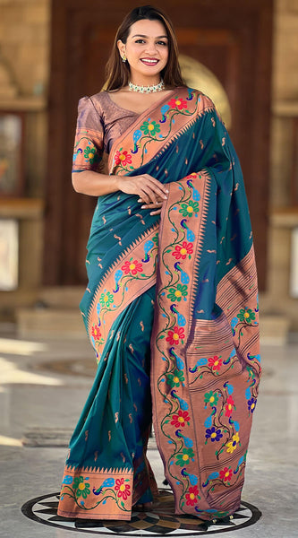 Lassitude Rama Paithani Silk Saree With Nemesis Blouse Piece