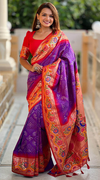 Exuberant Purple Paithani Silk Saree With Tremendous Blouse Piece