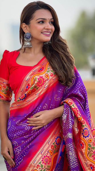 Exuberant Purple Paithani Silk Saree With Tremendous Blouse Piece